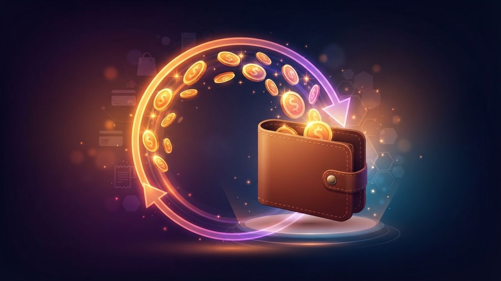 Cashback coins returning on dark background