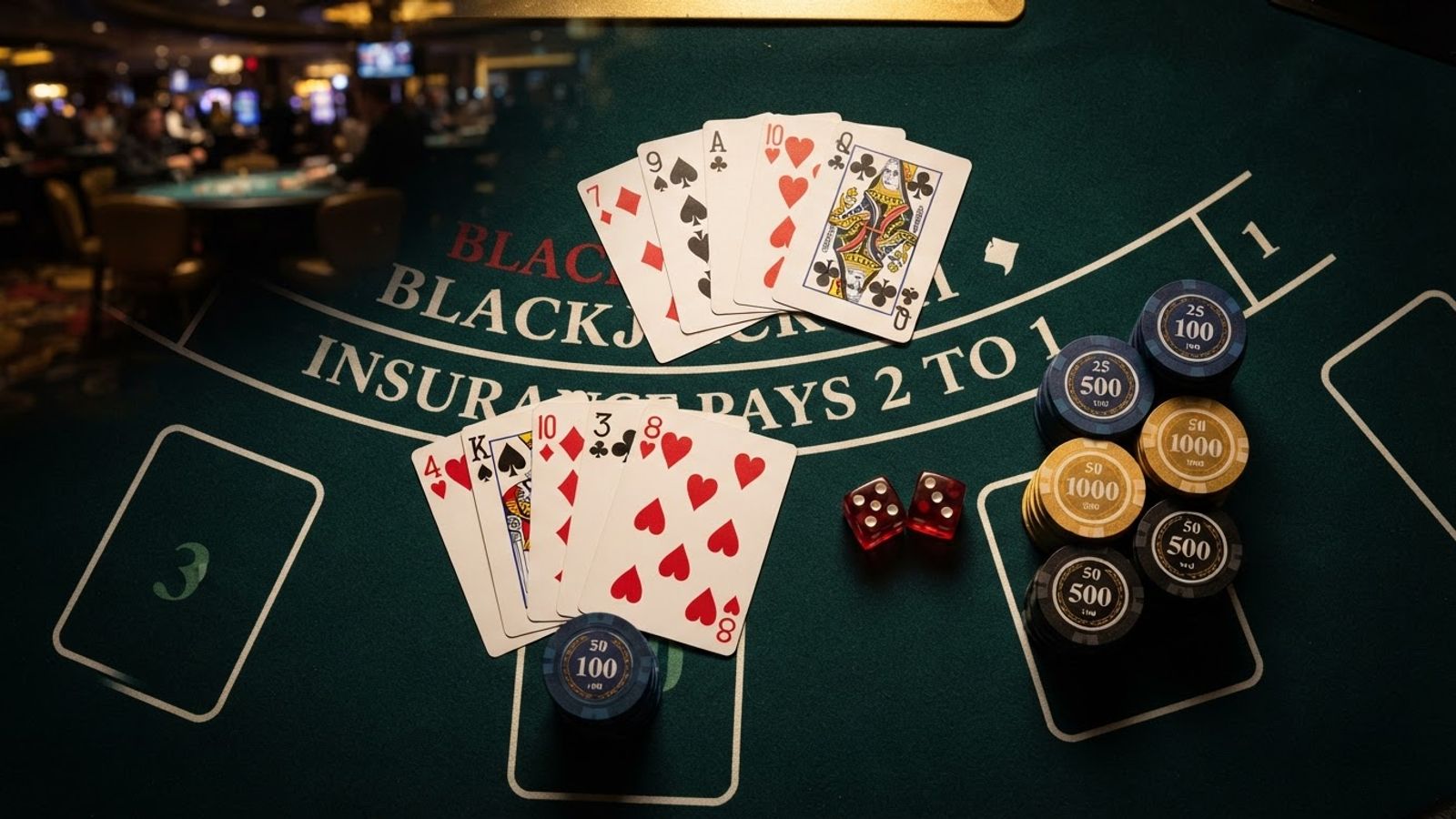 Casino table with chips, cards and dice from above